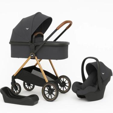 Imagem de Carrinho de Bebê Florence Com Bebê Conforto e Base Veicular Preto Estrutura Golden Reclinável Até 15Kg