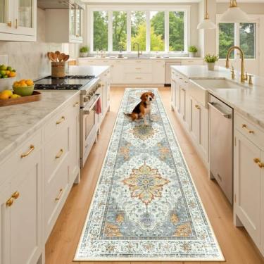 Imagem de RELEANY Tapetes de área 6 x 25 cm, lavável, antiderrapante, estampa floral, vintage, tapete medalhão para sala de estar, quarto, sala de jantar, amarelo claro, cinza carbono laranja