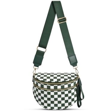 Imagem de Bolsa transversal de nylon quadriculada para mulheres, pochete espaçosa, bolsa transversal quadriculada para cinto, Xadrez verde feijão, 12.2 x 5.51 x 8.66 inches, Moderno