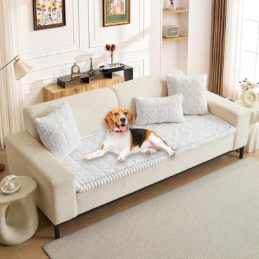 Imagem de HANDONTIME Capas de sofá felpudas de pelúcia para cães e animais de estimação com design geométrico jacquard lavável, protetor de sofá grosso antiderrapante para cães, gatos, crianças (branca, 70 x