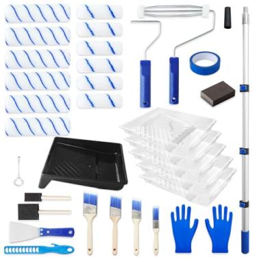 Imagem de MAXWAVE Kit de rolo de pintura com haste de extensão, conjunto de 34 peças, rolos de tinta de 10 cm e 22,9 cm, poste de 1,63 m a 4 m, suprimentos de pincéis de pintura para látex profissional de