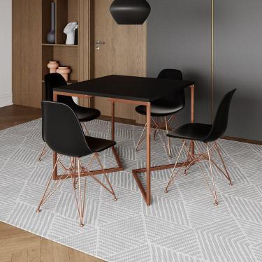 Imagem de Mesa Jantar Industrial Quadrada 90Cm Preta Base Cobre V Com 4 Cadeiras Pretas Eames Eiffel Pés Cobre