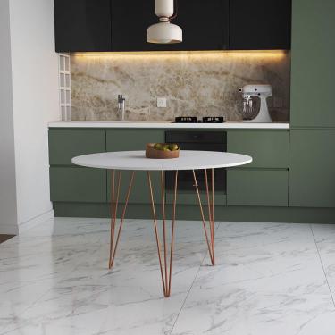 Imagem de Mesa De Jantar Redonda 90Cm Branca Clips 3 Pés Base Cobre