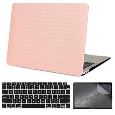 Imagem de Compatível com MacBook Pro 13 polegadas 2022-2016, A2338 M1 M2/A2289/A2251/A2159/A1989/A1706 com Touch Bar e Touch ID, capa rígida de couro trançado com capa de teclado e protetor de tela, rosa