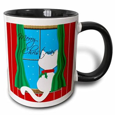 Imagem de 3dRose Merry Christmas - Caneca de dois tons de gato branco fofo na janela nevada, 325 ml, multicolorida