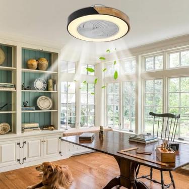 Imagem de Daksan Ventilador de Teto com Luz LED 3 Cores - 6 Velocidades Silencioso, Controle Remoto Sem Fio, Design Moderno Sem Pás em Madeira Natural, (50cm, Branco e Preto) para Sala, Quarto ou Cozinha