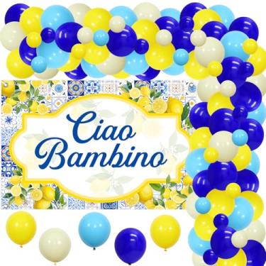 Imagem de Fangleland Decorações de chá de bebê para festa Ciao Bambino – cenário de revelação de gênero com tema italiano, kit de arco de guirlanda de balão de limão azul, suprimentos de festa de anúncio de