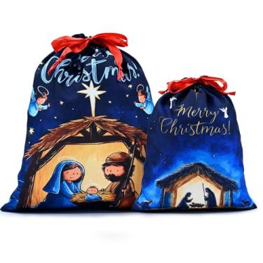 Imagem de Mshutbna Sacos de presente de Natal de nascimento 2 peças sacos de embrulho de tecido reutilizável com cordão para presentes de Natal, decorações de festa, lembrancinhas de feriado 16x12 30,5 x 25,4