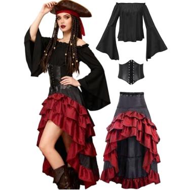 Imagem de Verceco Fantasia de pirata feminina com saia de pirata renascentista espartilho cinto de cintura (preto + vermelho, GG)