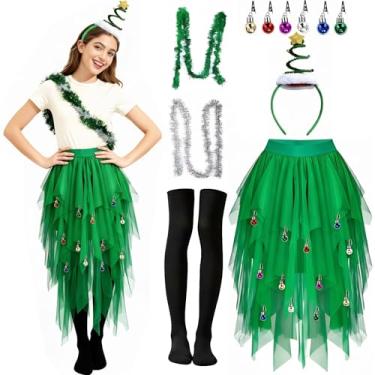 Imagem de 6 peças de fantasia de árvore de Natal para mulheres, saias de tule, faixa de cabeça de árvore de Natal, conjunto de acessórios de saia de fada em camadas, Verde, Large