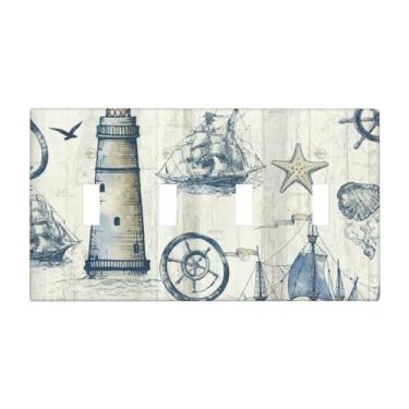 Imagem de SgEdao Capas decorativas de placa de interruptor de luz vintage náutico costeiro farol bússola âncora veleiro 4 gangues placa de parede artística exclusivo quadriciclo interruptores de luz para casa