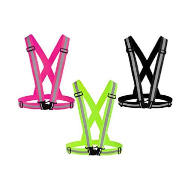 Imagem de Colete refletivo de corrida Awnuuw pacote com 3, coletes de segurança ajustáveis altamente visíveis tiras refletivas para corrida noturna, ciclismo ao ar livre, motocicleta, passeio com cães (rosa, verde, preto)