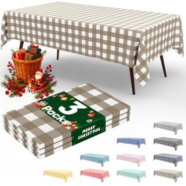 Imagem de misaya Pacote com 3 toalhas de mesa descartáveis de búfalo, 137 x 182 cm, toalha de mesa de plástico impermeável retangular branca e cáqui para piquenique, aniversário, festa