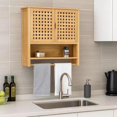 Imagem de HEIMON Armário de Banheiro Suspenso em Bambu para Parede com 2 Portas, Barra Porta Toalhas e Prateleira (Natural)
