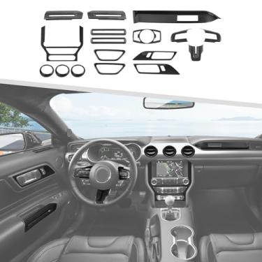 Imagem de Jimen Compatível com Ford Mustang 2015-2023, kits de acabamento interno de 17 peças para volante, tampa da saída de ar e moldura do interruptor de farol, acabamento interno da maçaneta da porta (fibra