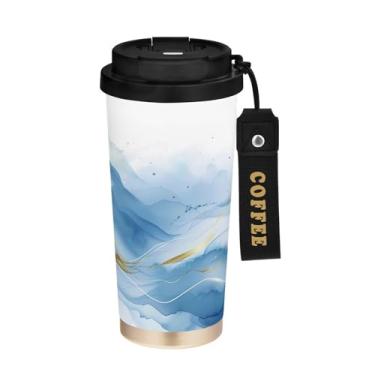 Imagem de YETTASBIN Caneca de café de mármore com isolamento térmico de 482 g com tampa canudo, copo à prova de derramamento e vazamento com alça para bebida quente e fria, garrafa de água de aço inoxidável