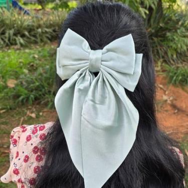 Imagem de Clipe de Cabelo Grande com Laço em Tecido Cetim Premium — Acessório Feminino Clássico e Sofisticado(Verde Água)