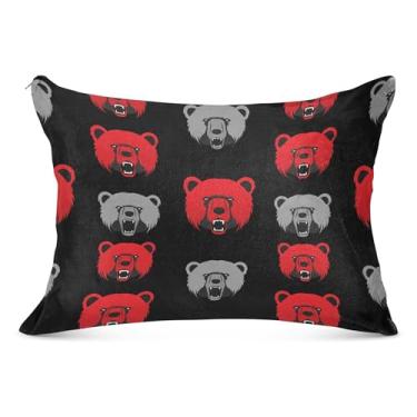 Imagem de Capa de almofada decorativa de flanela vermelha cinza ursos pretos fronhas padrão King Queen capa de travesseiro para cama de casa, tamanho padrão, 50,8 cm x 66 cm