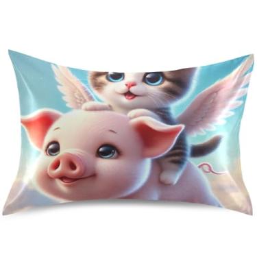 Imagem de Capas de almofada de cetim de porco fofo de gato gatinho padrão Queen King com estampa fofa travesseiro de cama macia, tamanho king, 101,6 cm x 50,8 cm