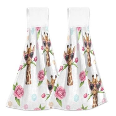 Imagem de Toalhas de mão de cozinha com laço de pendurar girafas óculos de sol coração toalhas de gravata de banheiro conjunto de 2, toalha de mão de cozinha macia absorvente fofa, 46 x 35 centímetros