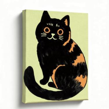 Imagem de Arte de parede de gato, impressão em tela minimalista de gato preto, ilustração retrô kawaii para quarto de bebê, decoração de casa boho moderna, presente para amantes de gatos, embrulhado em galeria