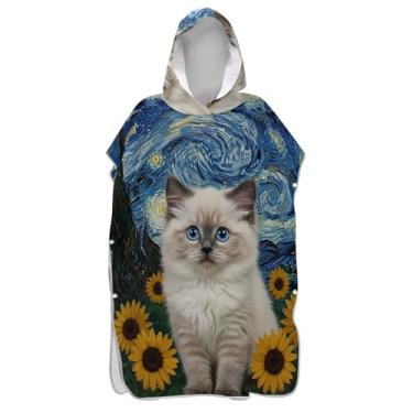 Imagem de TSENQUE Poncho de surfe para trocador de roupas de banho de praia com capuz leve fofo Ragdoll noite estrelada gato poncho masculino com capuz