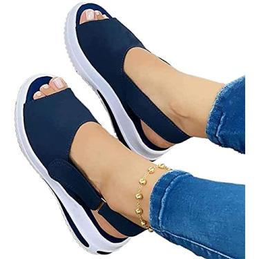 Imagem de Sandálias femininas básicas de bico aberto de salto médio, sandálias femininas de bico aberto sapatos tênis moda cunhas para mulheres alpargatas sapatos esportivos de verão, azul-40