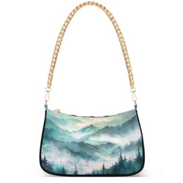 Imagem de Xray Flowers Bolsa moderna fantasia Hobo Party Clutch feminina designer bolsa de mão corrente pequena bolsa de ombro, Pintura de paisagem montanhas neblina