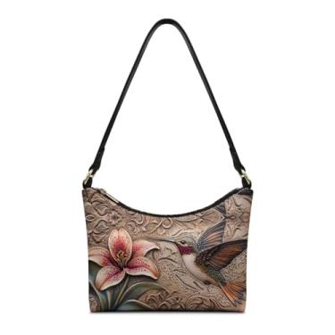Imagem de BYOXPUVI Bolsa de ombro feminina leve nas axilas, bolsa de ombro de couro PU, portátil, Hobo com alça, Lírio de beija-flor marrom, 9.45x2.95x7.68 inches