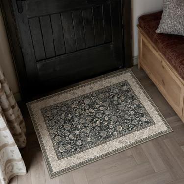Imagem de HUGEAR Tapete de entrada 5 x 7 cm lavável à máquina, preto, bege, pequeno, tapete de porta, tapete floral, de pelo baixo, desgastado, para cozinha, escritório, antiderrapante