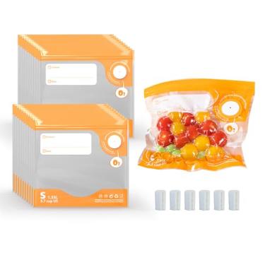 Imagem de 24 sacos de sous vide reutilizáveis, sem BPA, bolsa seladora a vácuo para alimentos, bolsa com zíper a vácuo, 20 sacos de armazenamento de alimentos e 4 clipes de vedação (21 x 21 cm) conjunto de