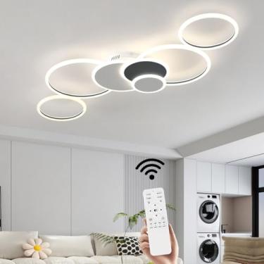 Imagem de Luminária de teto LED 110w, moderna, redonda, 3000-6000k, dimerizável, com controle remoto, em acrílico, para sala de estar, cozinha, quarto e escritório (preto e branco).