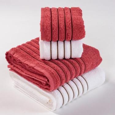 Imagem de Toalha de Banho Algodão Super Luxo 4 Peças - Alta Absorção e Maciez Toalha Felpuda para Casal - Tamanho Gigante 72x130cm (BRANCO/TERRA COTA)