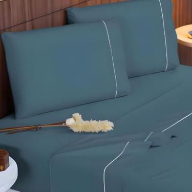 Imagem de Jogo de Lençol Queen 4 Peças 400 Fios Micropercal Toque de Seda Lençol com Elástico Fronhas Ponto Palito(AZUL PETRÓLEO)