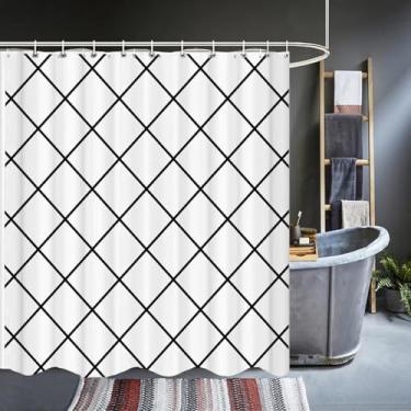 Imagem de Cortinas de chuveiro modernas pretas e brancas geométricas à prova d'água, cortinas de banheiro com ganchos, pano lavável, decoração de banheira, 180 x 200 cm/LxA, cortina de chuveiro de tecido
