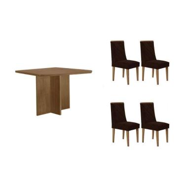 Imagem de Sala Jantar Mesa Berlim Tampo Curvo 90cm+4 Cadeiras Pietá Madeira Naturale - Capuccino/Suede Marrom - Rufato
