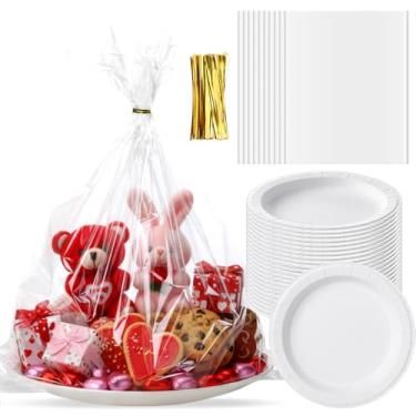 Imagem de Tenceur Conjunto de 24 sacos de bandeja de biscoito de celofane de Natal com pratos de sobremesa e laços torcidos, 15,8 x 19,7 sacos de celofane transparentes, pratos de jantar de papel descartáveis