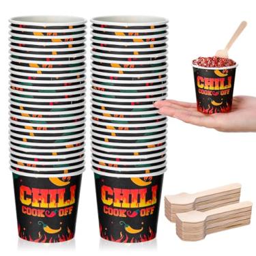 Imagem de Teenyyou 100 peças de decorações de festa Chili Cook off, 50 peças de copos de degustação de chili Cook off de 118 ml, copos de papel de amostra descartáveis e 50 colheres de madeira para suprimentos
