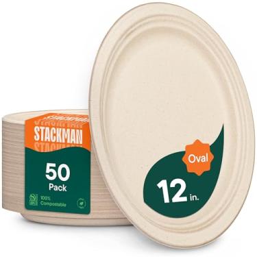 Imagem de 100% Compostable Oval Paper Plates [12.5 inch - 50-Pack] Elegant Disposable Dinner Platter Heavy-Duty Quality, Natural Bagasse Unbleached Eco-Friendly Made of Sugar Cane Fibers, [12.5" x 10" Platter]