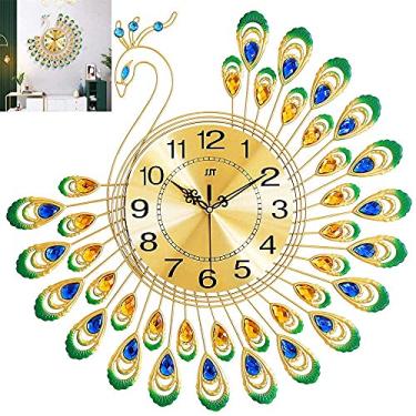 Imagem de U5GAAALPPQ9 Relógio de parede grande de 50,8 cm diamantes 3D pavão números árabes silenciosos sem tique-taque mostrador dourado relógios de ferro arte decorativa ou sala de estar, quarto, espaço de