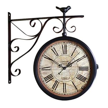 Imagem de U5GAAALPPQ9 Relógio de parede vintage de dupla face, estação ferroviária, estilo europeu, vintage, à prova d'água, suporte de metal, rotação de 360 °, relógio para decoração de casa e jardim interno