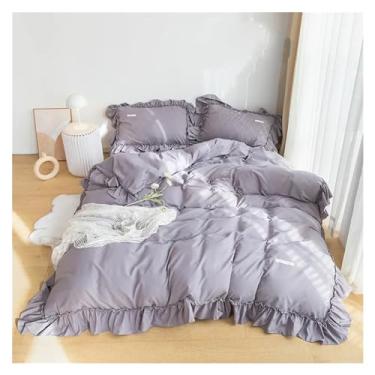 Imagem de Jogo de cama queen de renda fofo com babados, lençol de casal com fronha (King cinza)