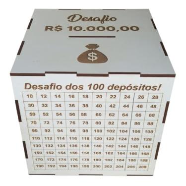 Imagem de Cofre Desafio dos 100 Depósitos, MDF Branco, 15x15x15cm, Meta R$ 10.000, com Painel de Acompanhamento, Gravação a Laser