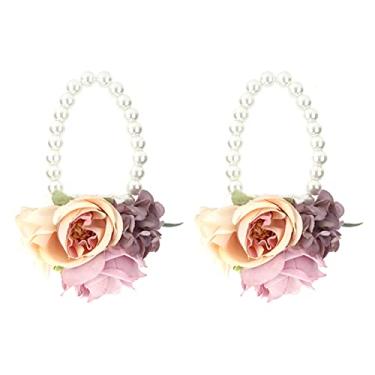 Imagem de GLOGLOW Flor de Pulso de Pérola Falsa, Corsage de Casamento Romântico Com Pulseira de Renda Elástica, para Decoração de Aniversário de Festa de Baile de Dama de Honra (PURPLE)