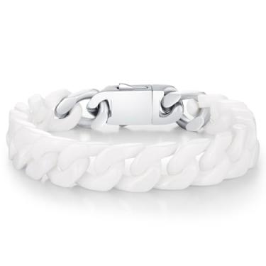 Imagem de Pinannie Pulseira de elos cubanos de cerâmica para homens e mulheres – corrente preta e branca de alto brilho, pulseira moderna hipoalergênica resistente a arranhões, joia moderna presente para ele e