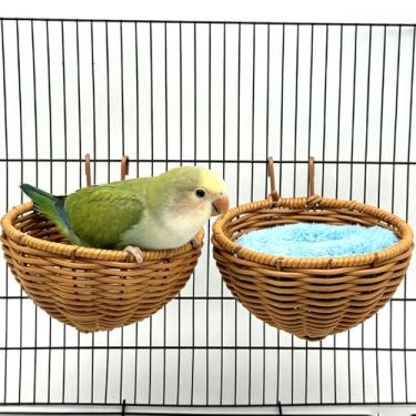 Imagem de SHGNUY Ninho de pássaro de vime para gaiola, 2 peças de casa de nidificação de papagaios pendurados, laváveis, macios e quentes, cabana de dormir, acessórios de gaiola de pássaros para calopsitas