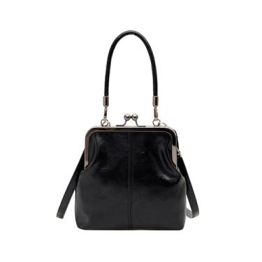 Imagem de Bolsa tiracolo feminina Mini Kiss Lock, bolsa vintage de couro retrô, bolsa carteira clutch para noite, Preto, Bolsa quadrada pequena transversal