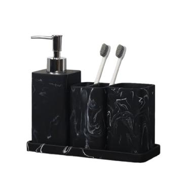 Imagem de Lindos conjuntos de acessórios de banheiro de resina, conjunto completo de 4 peças de acessórios, inclui dispensador de loção, copo de enxaguante bucal, suporte de escova de dentes e bandeja para