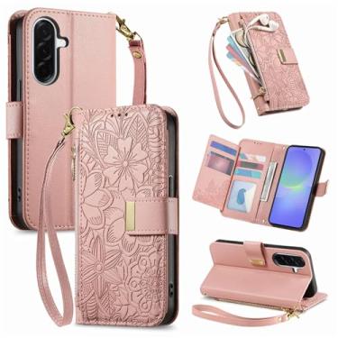 Imagem de Niuuro Capa carteira para Samsung Galaxy A56/A36/A37, suporte de cartão embutido (8 a 10 cartões), bolso com zíper, alça de pulso, suporte de suporte, capa protetora de couro PU floral feminina, rosa