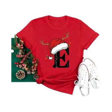 Imagem de Camiseta Feminina Vermelha De Natal Com Alfabeto 26 A-Z Casual Fashion